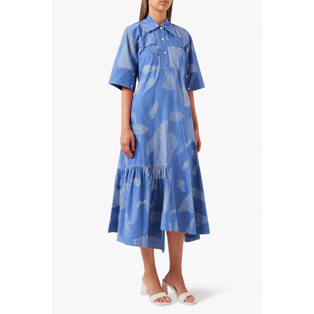 LOVEBIRDS Printed Pleated Cotton Midi Shirt Dress Sz S